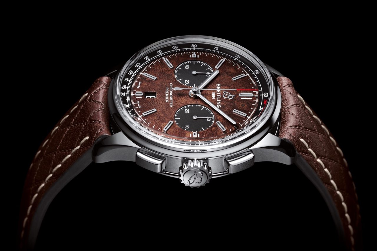 019_Premier B01 Chronograph 42 Bentley Centenary Limited Edition in stainless-steel with brown elm burl dial and brown Bentley-inspired leather strap