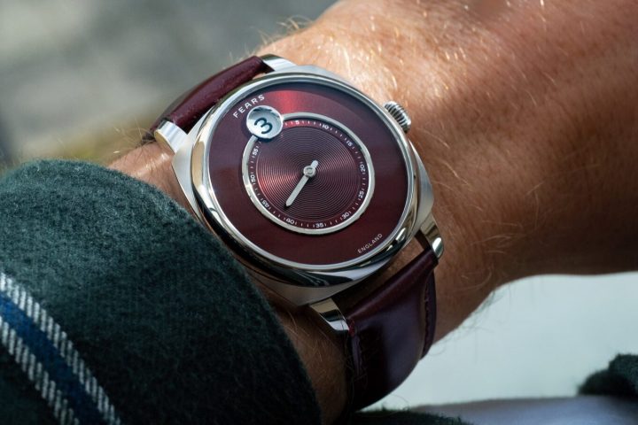 Fears Brunswick Jump Hour – Burgundy Red on an Oxblood Red Bristol leather strap – on wrist-web